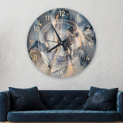ساعة حائط دائرية بتصميم رخامي - 50x50 سم - أزرق وذهبي - hs-cnc-44