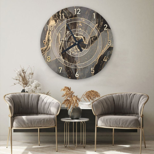 ساعة حائط دائرية بتصميم رخامي - 50x50 سم - أسود وذهبي - hs-cnc-48