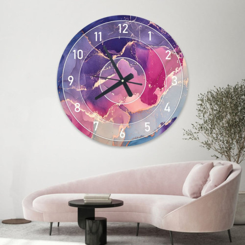 ساعة حائط دائرية بتصميم رخامي - 50x50 سم - بنفسجي ووردي - hs-cnc-6