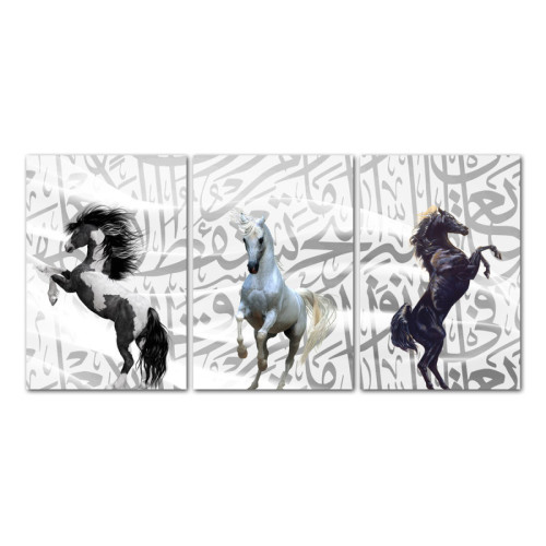 لوحة جدارية مع كتابة عربية وأحصنة - 3 قطع - 120x60 سم
