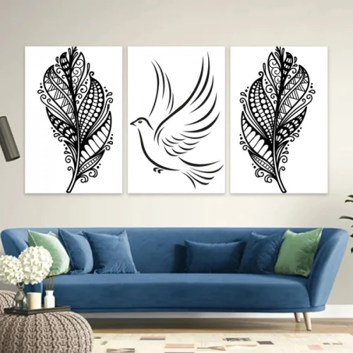 لوحة حائط الطائر وأوراق النباتات ثلاث ثطع - خشب ام دي اف - 120x60 سم - lp3-510