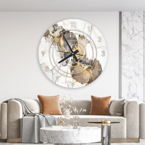 ساعة حائط دائرية بتصميم رخامي - 50x50 سم - بيج وذهبي - hs-cnc-32