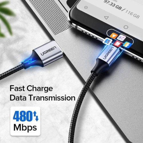 يوجرين سلك شاحن من USB إلى USB-C مضفر بطول 2 م - أسود