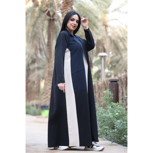 عباية من الكريب فاخرة و أنيقة للنساء - كحلي وبيج - 02a-06