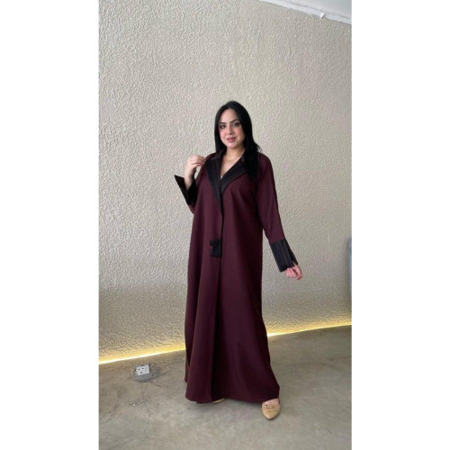 عباية باربي من الجاكر الناعم مع الياقة للنساء - خمري وأسود -02a-024