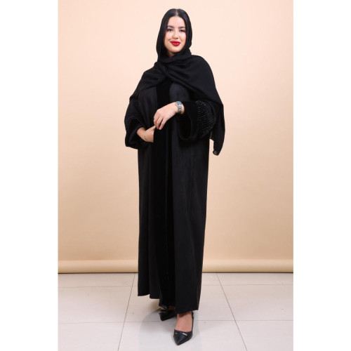 عباية شامو باكمام وياقة مخمل وشك يدوي للنساء - أسود