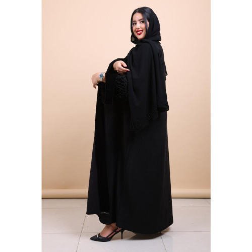 عباية شامو باكمام وياقة مخمل وشك يدوي للنساء - أسود
