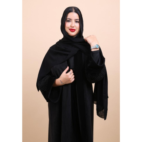 عباية شامو باكمام وياقة مخمل وشك يدوي للنساء - أسود