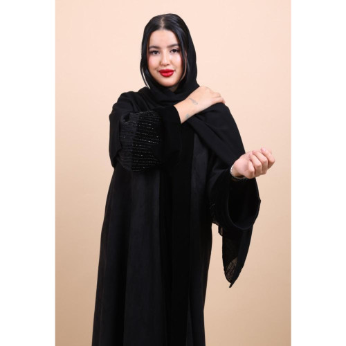 عباية شامو باكمام وياقة مخمل وشك يدوي للنساء - أسود