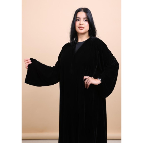عباية مخمل كم مربع للنساء - أسود