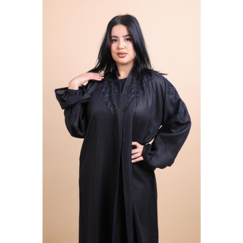 عباية كتان شك يداوي كحلي مع اسود للنساء - أسود وكحلي