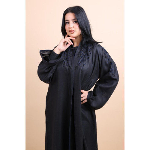 عباية كتان شك يداوي كحلي مع اسود للنساء - أسود وكحلي