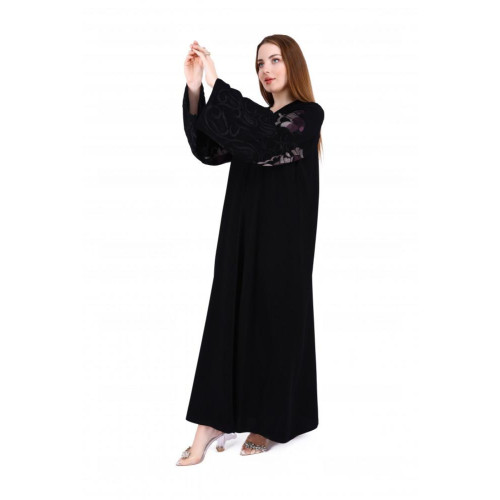 عباية كم مربع مع تطريز على كامل الكم للنساء - أسود