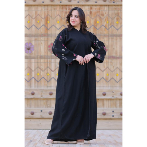 عباية كتان لف بتطريز ناعم على الأكمام للنساء - أسود