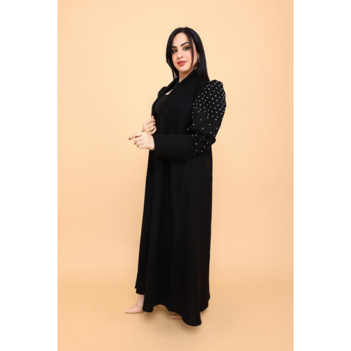 عباية بكم مربع وياقة سادة - حرير - أسود - 02-030