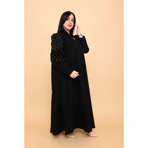 عباية بكم مربع وياقة سادة - حرير - أسود - 02-030