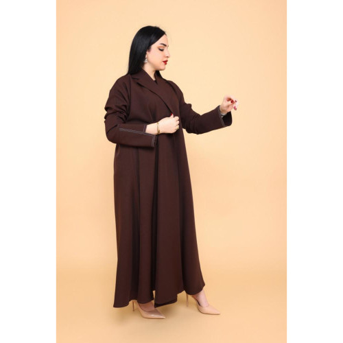 عباية بكم ضيق بتصميم مميز وياقة قلاب أنيقة - كريب - بني داكن - 01-008
