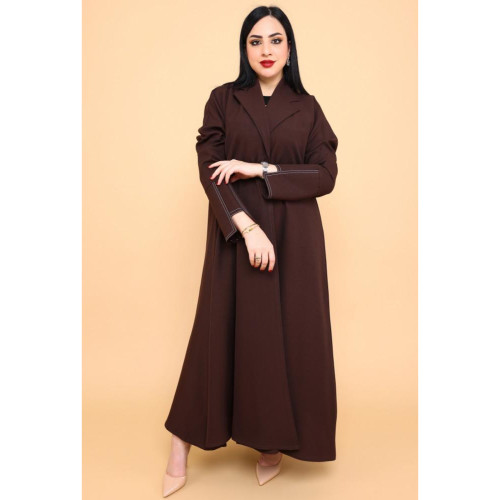 عباية بكم ضيق بتصميم مميز وياقة قلاب أنيقة - كريب - بني داكن - 01-008