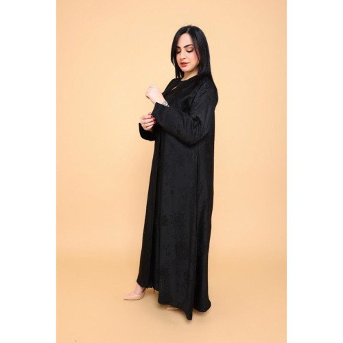 عباية من قماش جكار ناعم مزينة بالكريستال - أسود - 01-015