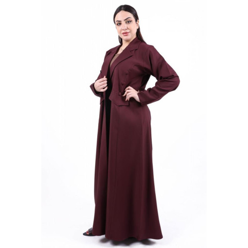 عباية كريب باربي بياقه قلاب فيونكة من الخلف للنساء - خمري