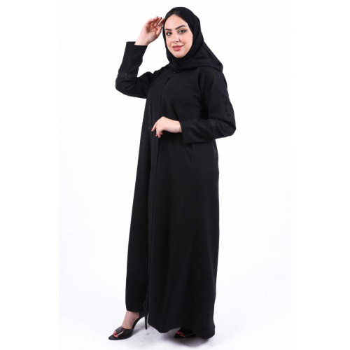 عباية كلفه بتطريز ناعم الكم مع أطراف من الامام للنساء - أسود