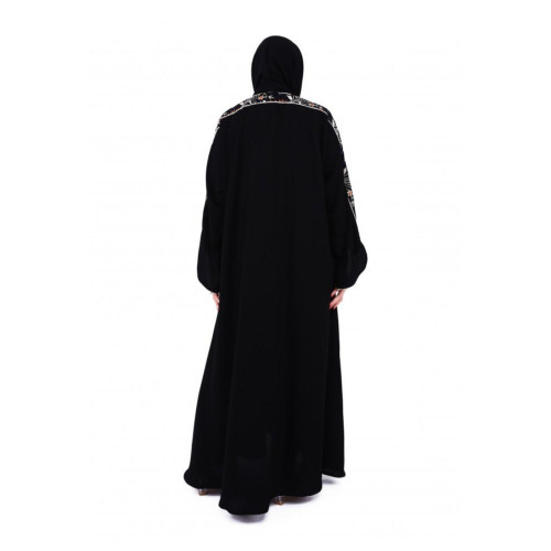عباية بأكمام مطرزة مع قيطان ناعم الكم مع الياقة - أسود