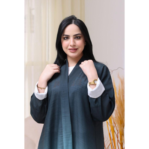 عباية كتان بألوان مموجة مع صفطه الكم للنساء - أزرق