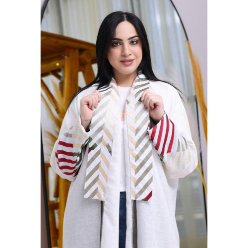 عباية كتان ملون مع أكمام وياقة مطرزة للنساء - أبيض