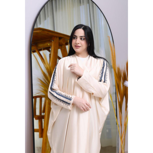 عباية حرير مع شك يدوي بأكمام ملونة للنساء - بيج