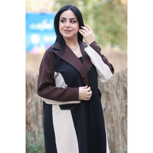 عباية العنود كريب باربي بقصة مميزة للنساء - أسود وبيج فاتح وبني داكن