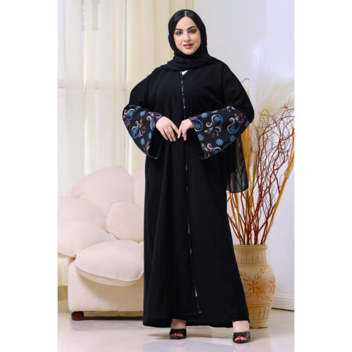 عباية كريب بأكمام ملونة وقيطان ناعمة الياقة - أسود