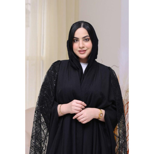 عباية تول بقصة قطرية تل مع زخرفة على الأكمام للنساء - أسود