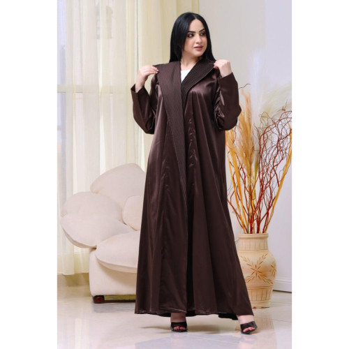 عباية تفتة بياقة مقلوبة ملونة للنساء - بني