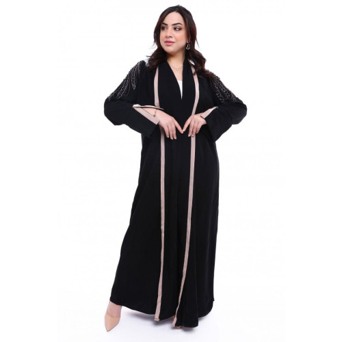 عباية شك ملون مع قيطان ناعم للكم والياقة للنساء - أسود