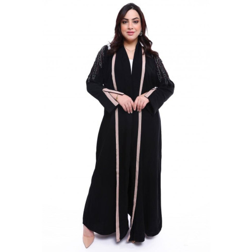عباية شك ملون مع قيطان ناعم للكم والياقة للنساء - أسود