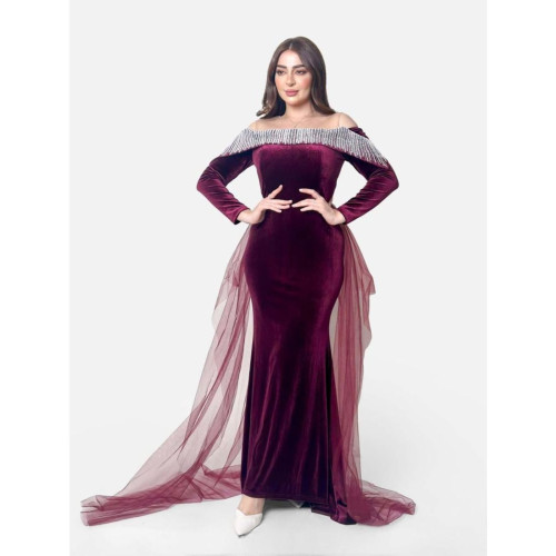 فستان سهرة مزين بشك و شيفون - مخمل - خمري