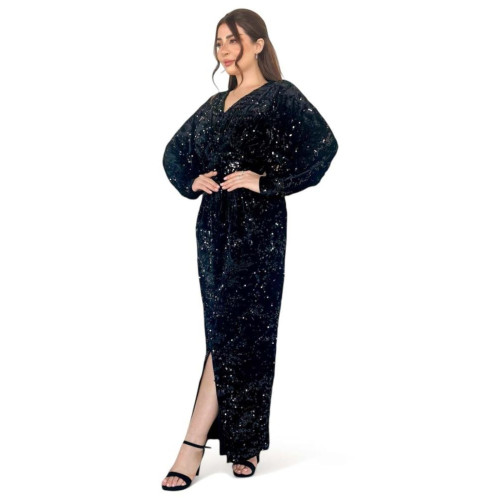 فستان سهرة مخمل مزين بترتر - أسود