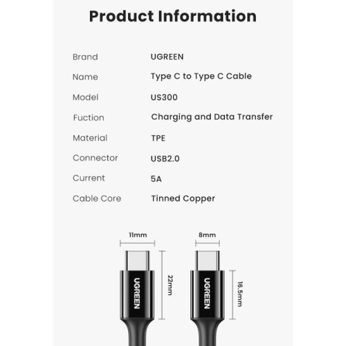يوجرين كابل شحن من Type-C - Type-C - 5 أمبير - أبيض