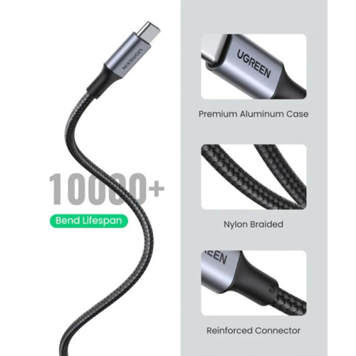يوجرين كابل Type-C - Type-C بغطاء المنيوم مضفر - أسود