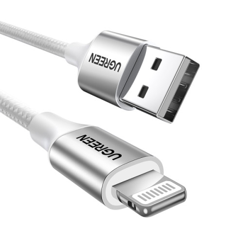يوجرين Lightning - USB كابل شاحن ونقل بيانات مضفر - فضي