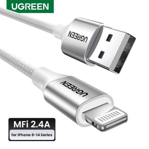 يوجرين Lightning - USB كابل شاحن ونقل بيانات مضفر - فضي