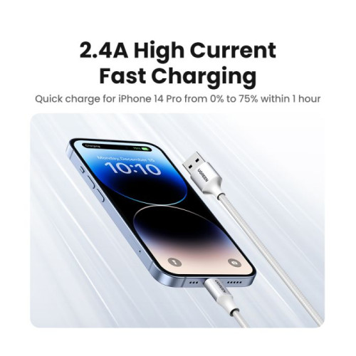 يوجرين Lightning - USB كابل شاحن ونقل بيانات مضفر - فضي