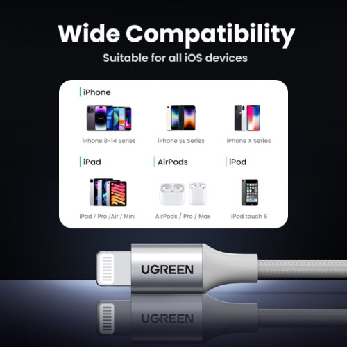 يوجرين Lightning - USB كابل شاحن ونقل بيانات مضفر - فضي