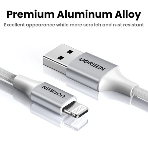 يوجرين Lightning - USB كابل شاحن ونقل بيانات مضفر - فضي