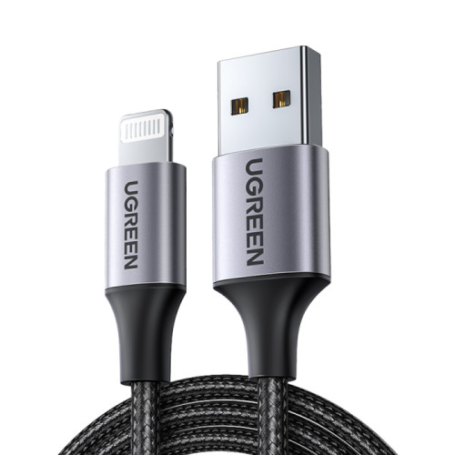 يوجرين Lightning - USB كابل شاحن ونقل بيانات مضفر من الألومنيوم - أسود