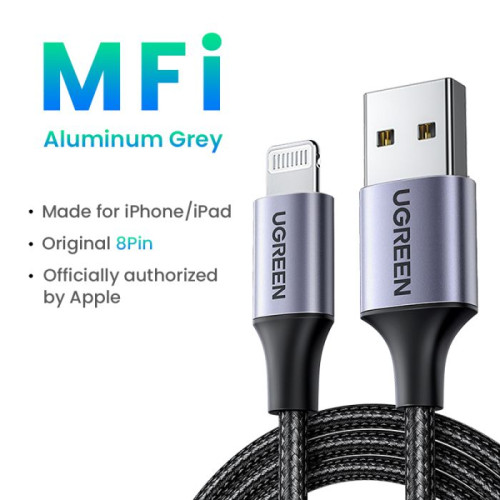 يوجرين Lightning - USB كابل شاحن ونقل بيانات مضفر من الألومنيوم - أسود