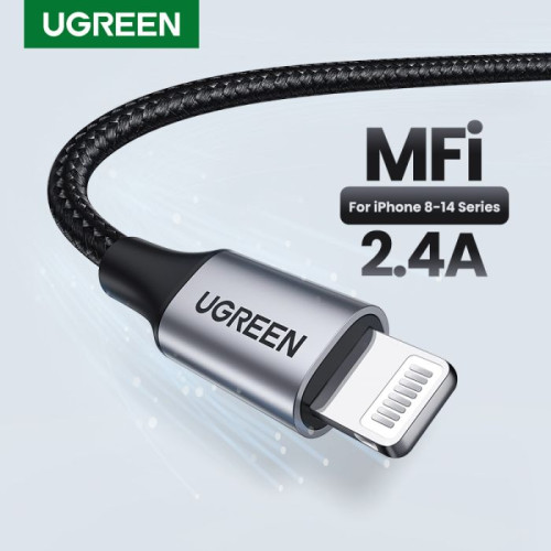 يوجرين Lightning - USB كابل شاحن ونقل بيانات مضفر من الألومنيوم - أسود