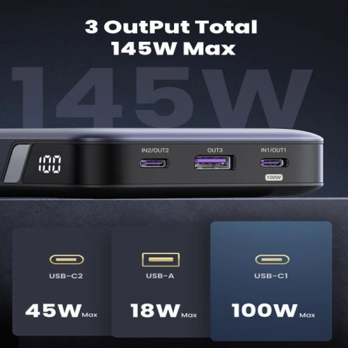 يوجرين باور بانك بمنفذين PD ومنفذ USB - بسعة بطارية 25000 ملليي أمبير - 145 واط - رمادي