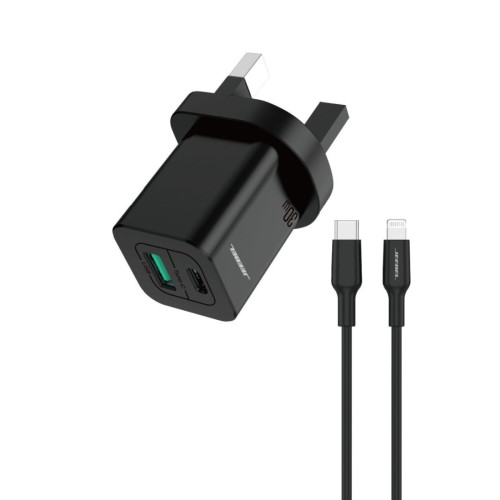 جيبيل باعتمادية آبل شاحن جدار 30 واط - بمنفذين USB وUSB Type--C - مع كايبل Type--C - لايتنينغ