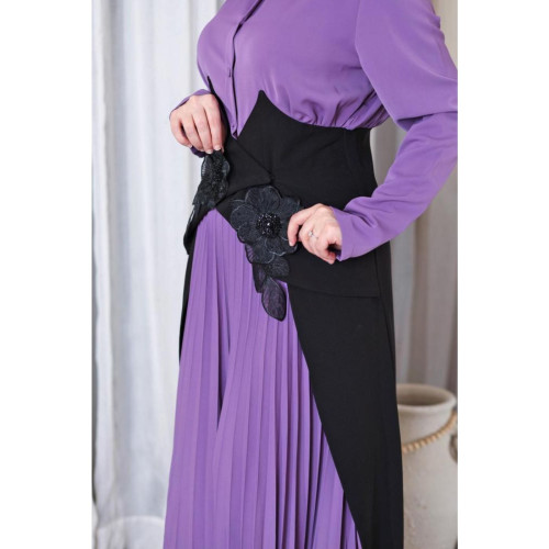 طقم مميز بلوزة وتنورة - شيفون بلاسية - قطعتين - بنفسجي وأسود